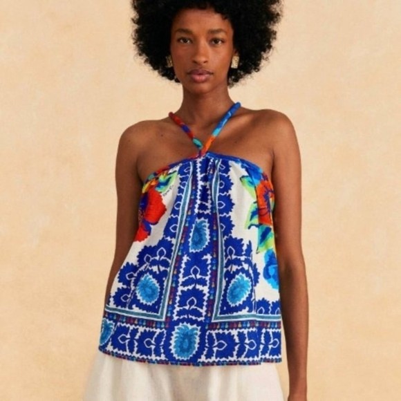 FARM Rio Tops - Farm Rio Tapestry Blue Red Mixed Floral Tile Print Halter Top Open Back | M